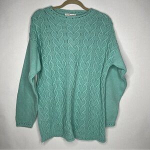 Vintage Norm Thompson 100% Cotton Sweater Mint Green Hearts‎ Cable Knit Cozy Fun